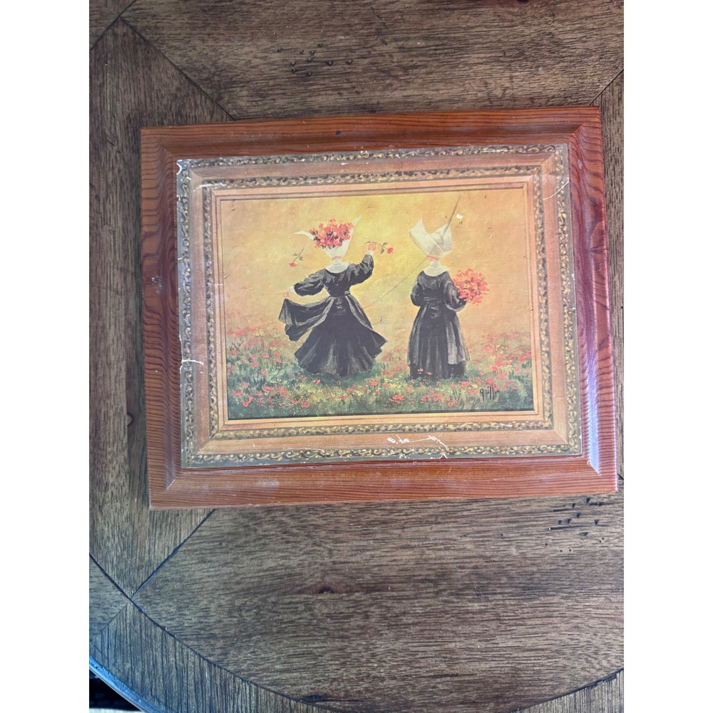 Vintage Griffin Folk Art Wood Block Print Figures in Meadow Flowers Wall Decor
